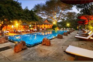 photo of swimming pool with lighting at Tharabar Gate Bagan luxury hotel